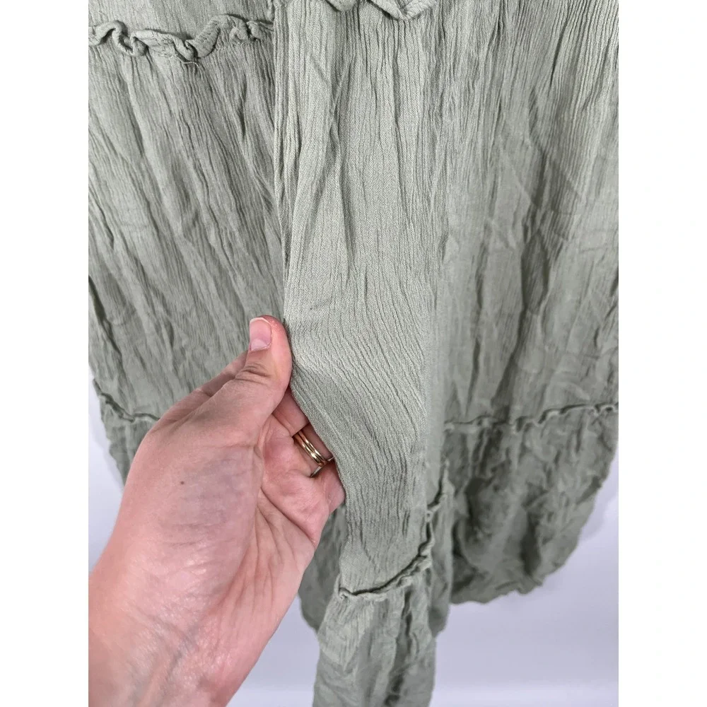 Womens Tiered Maxi Skirt L Green Ruffle Boho Cottage Forest Fairy Beach Stretch